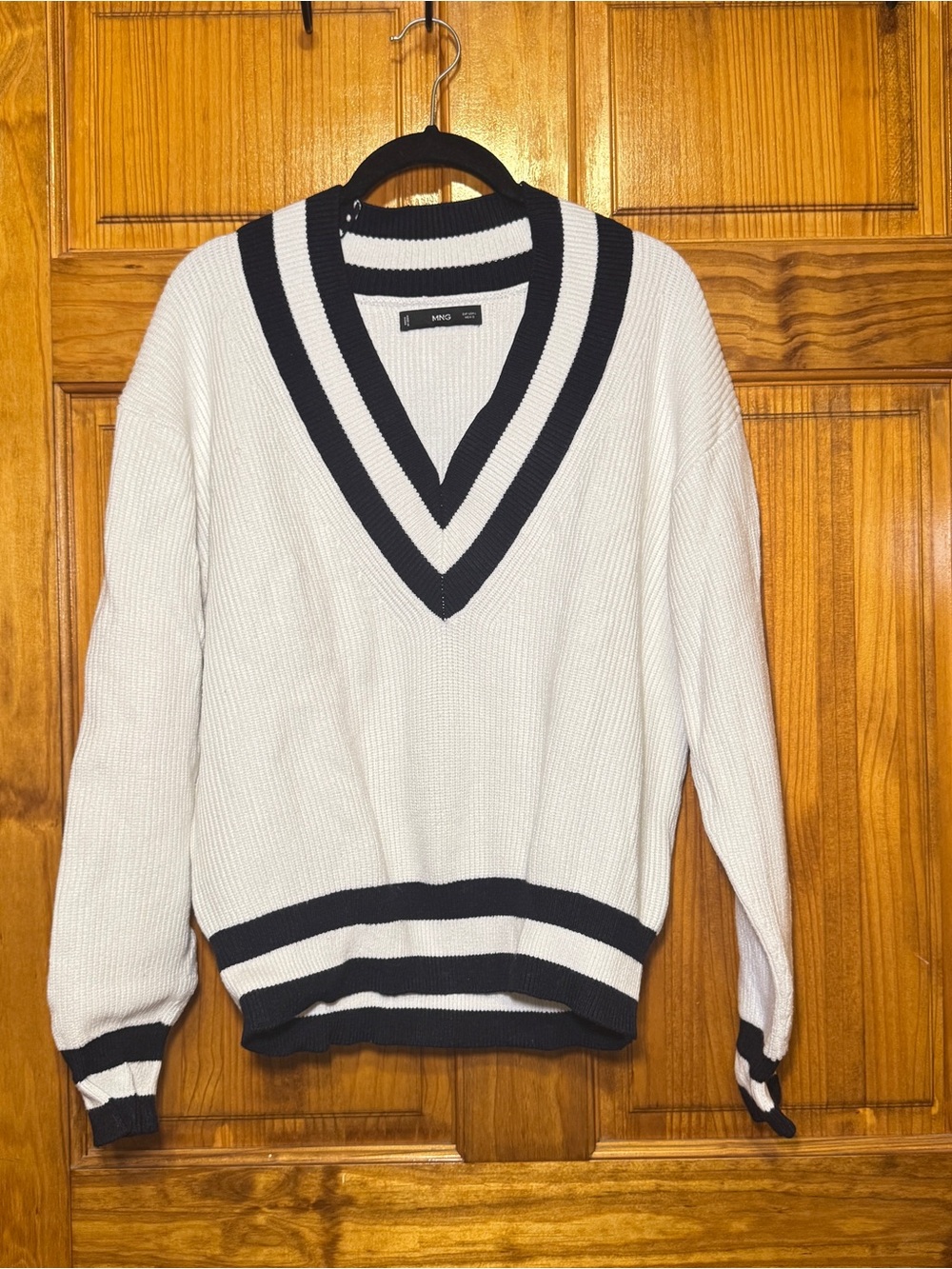 Mango Cream V-Neck Sweater with Navy Trim